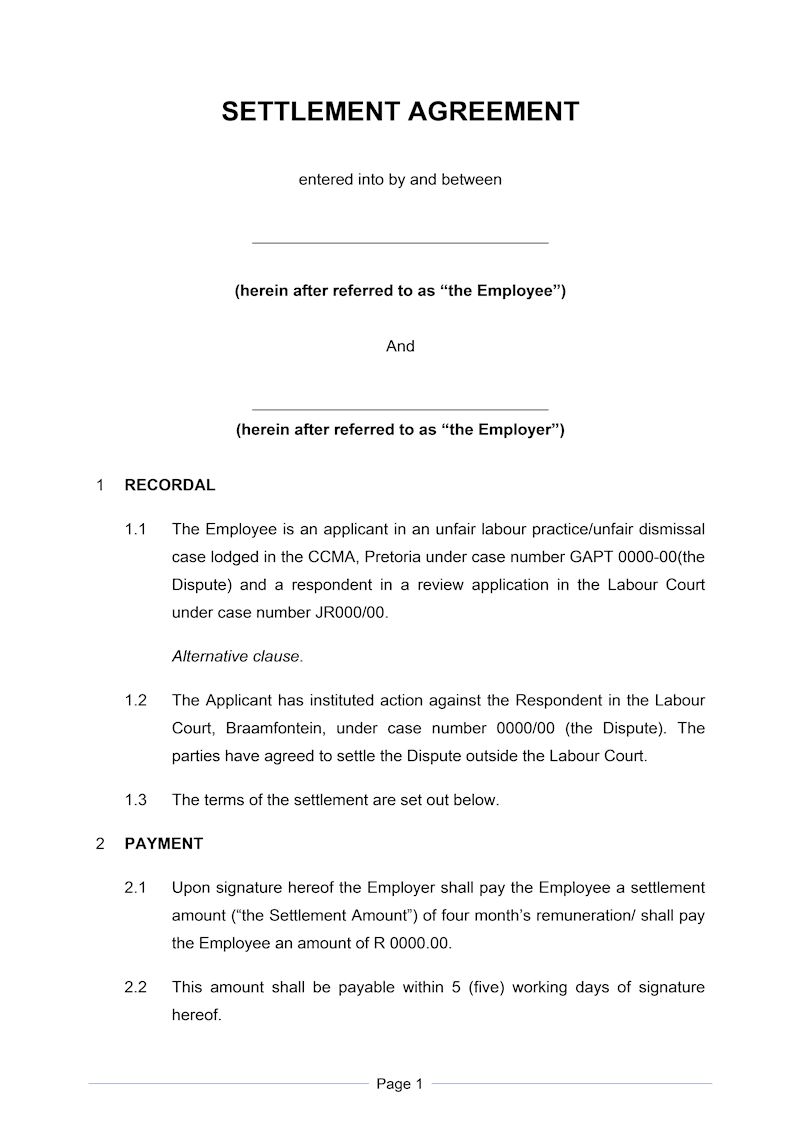 Settlement Agreement Short, Document, Labour Law, South Africa, Download