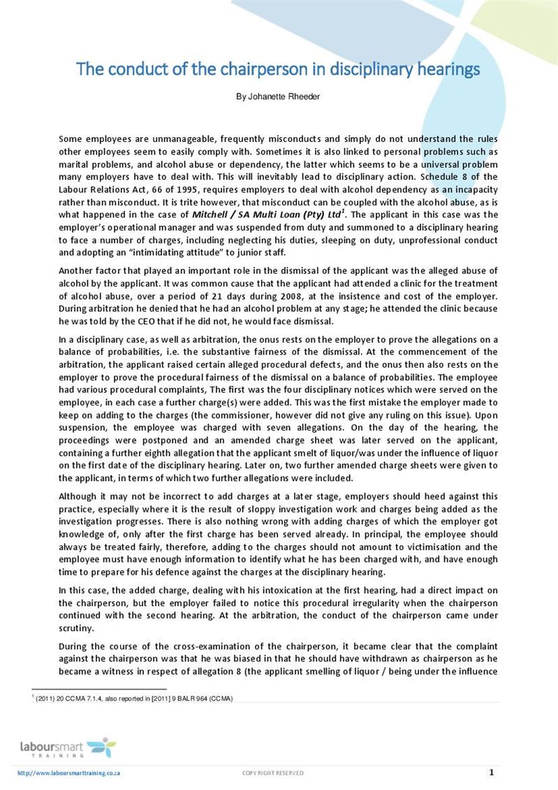 The conduct of the chairperson in disciplinary hearings, Document