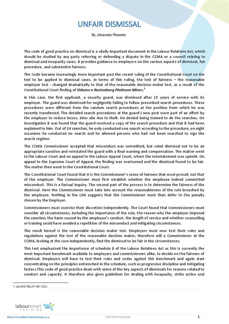 Unfair dismissal, Document, Labour Law, South Africa, Pdf, Download