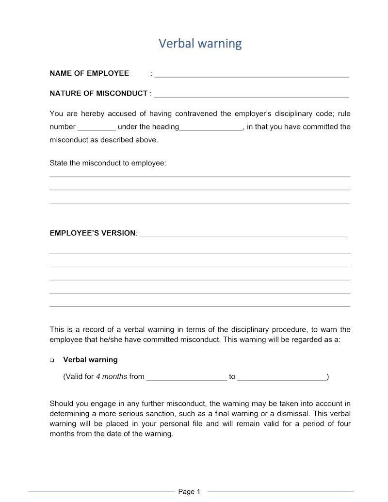 Verbal warning, Document, Labour Law, South Africa, Download