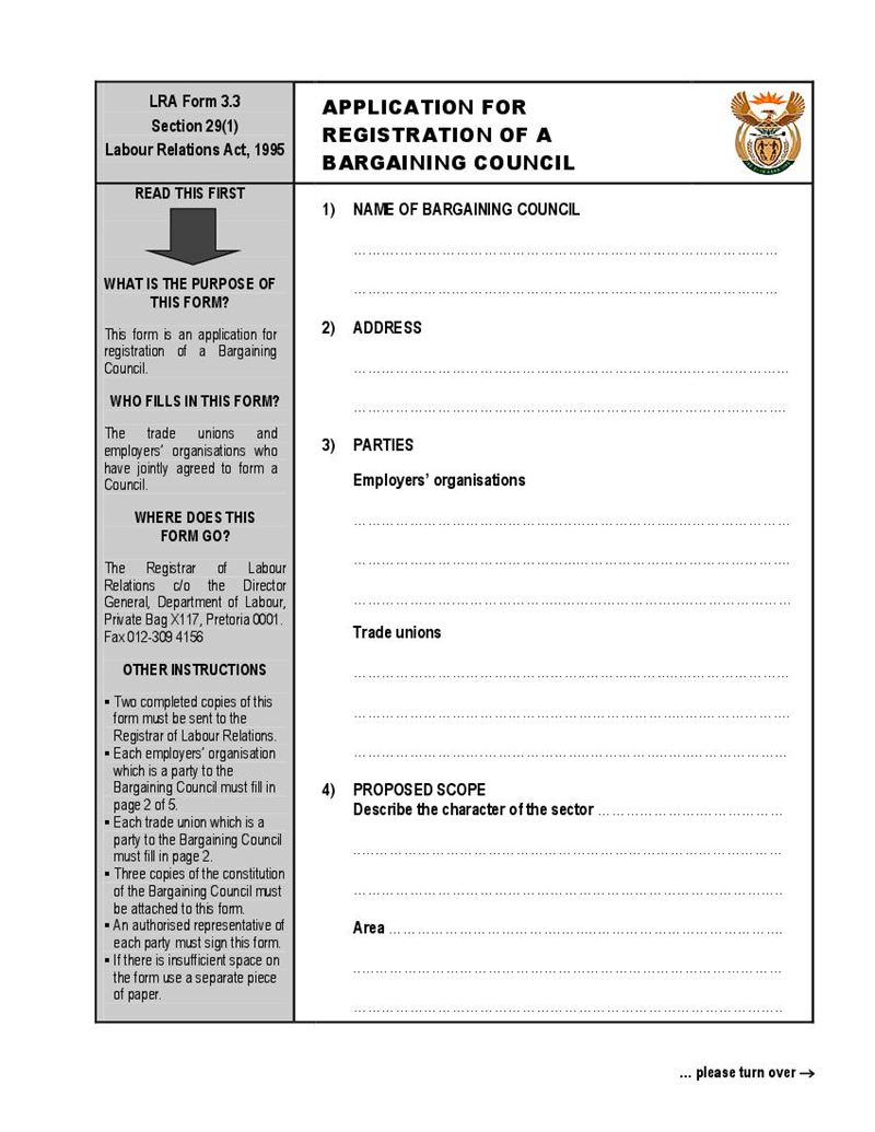 Form LRA3.3 Application for registration of a Bargaining Council