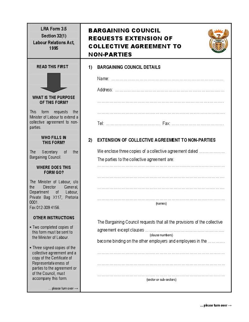 Form LRA3.5 Bargaining Council requests extension of collective
