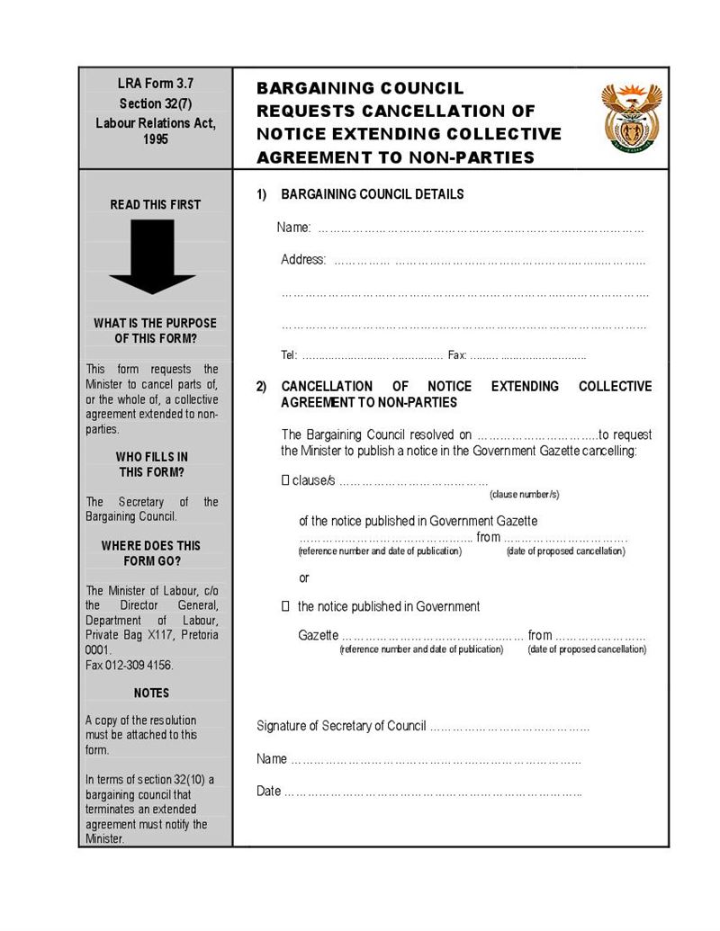 Form LRA3.7 Bargaining council requests cancellation of notice