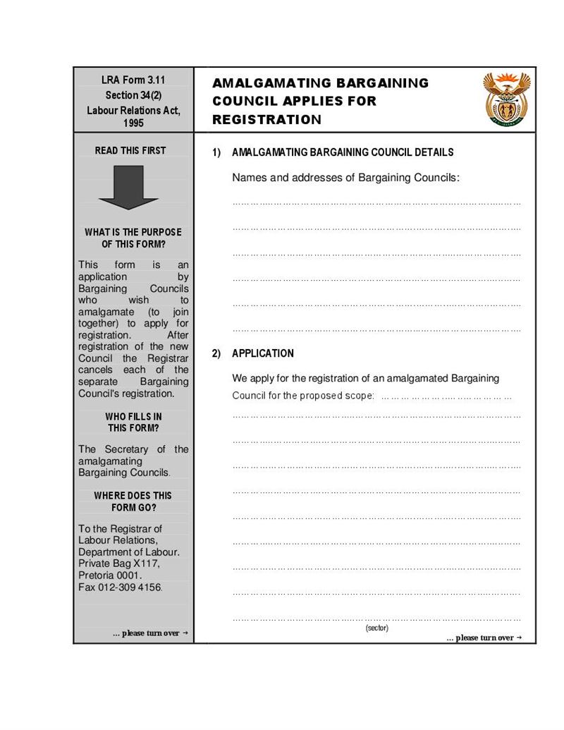 Form LRA3.11 Amalgamating bargaining council applies for registration