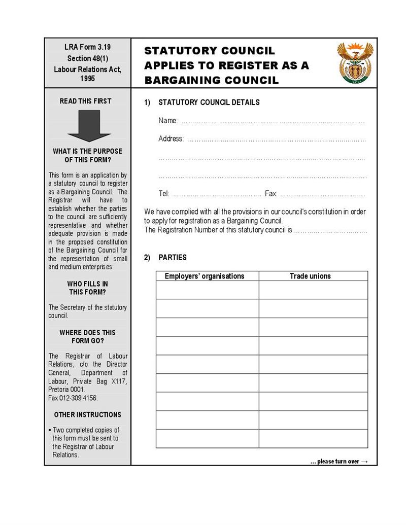 Form LRA3.19 Statutory council applies to register as a bargaining