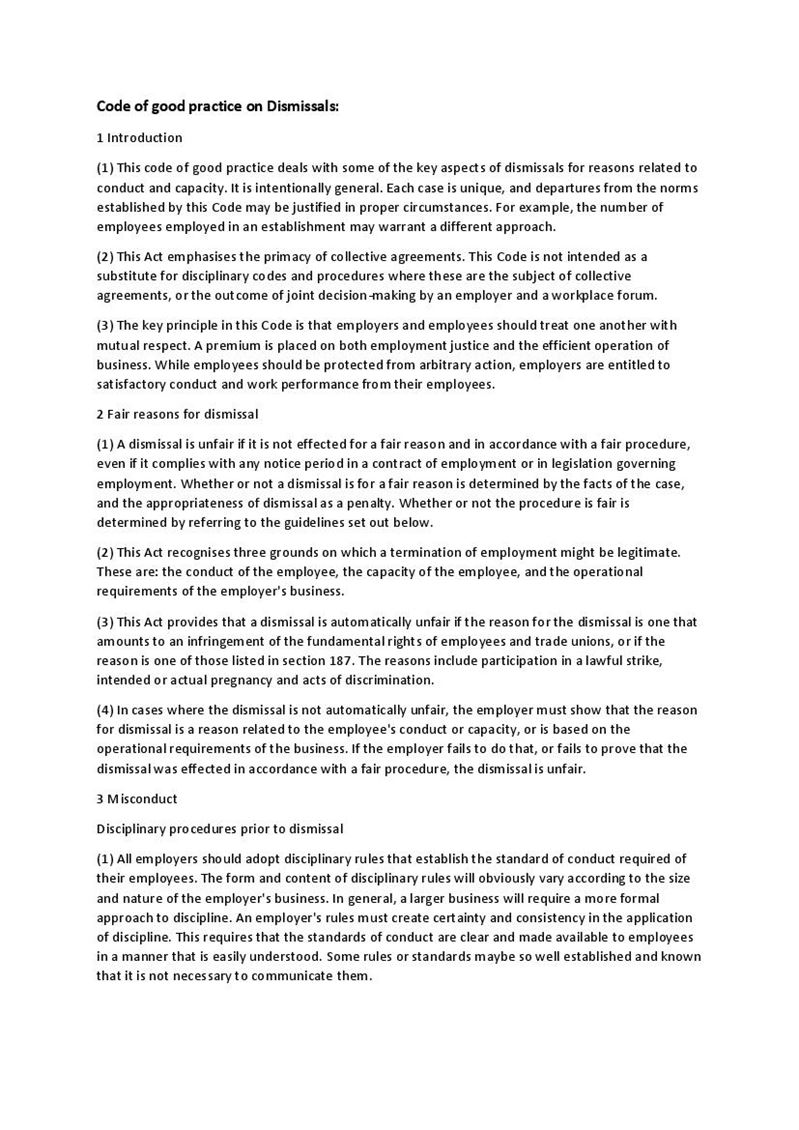 Code of Good Practice Dismissals, Document, Labour Law, South Africa