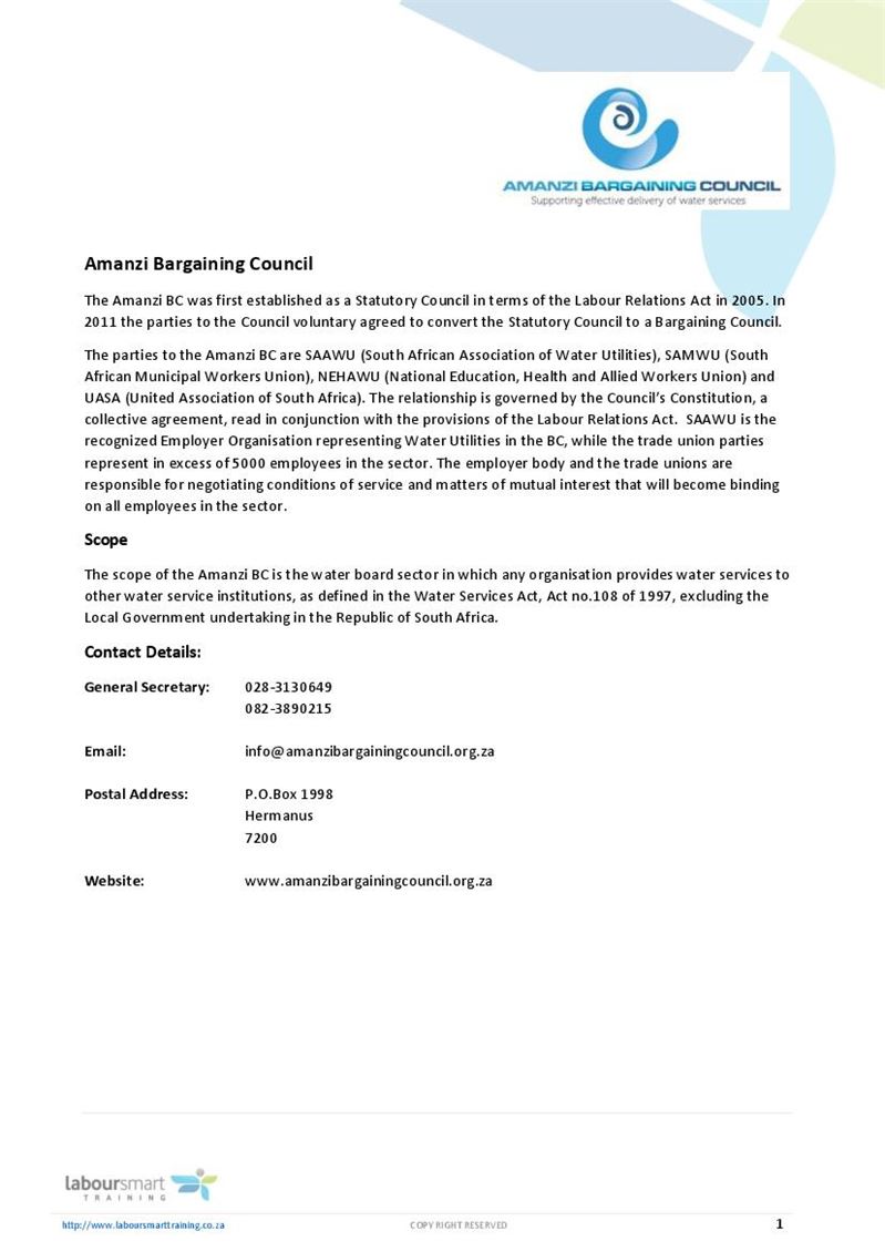Amanzi Bargaining Council (ABC), Document, Labour Law, South Africa