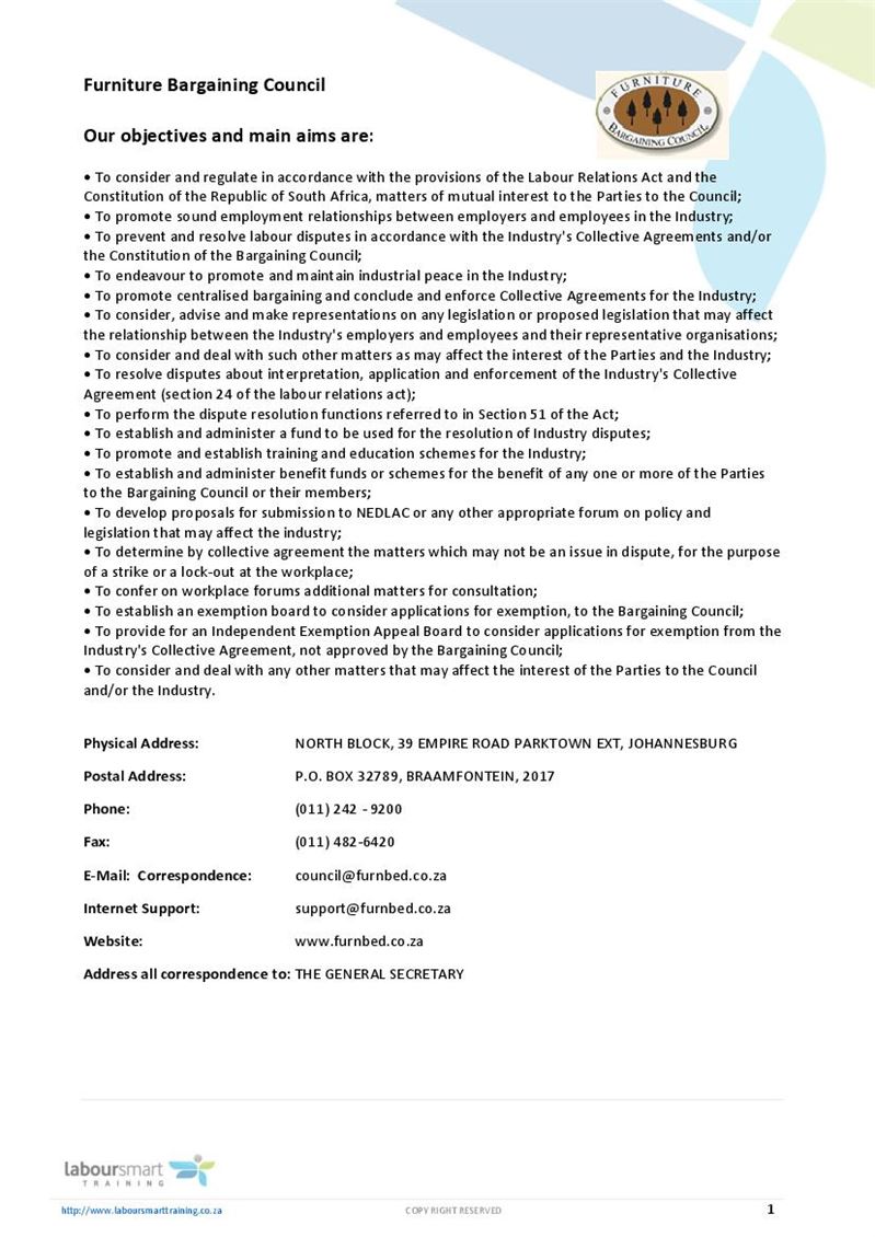 Furniture Bargaining Council (FBC), Document, Labour Law, South Africa