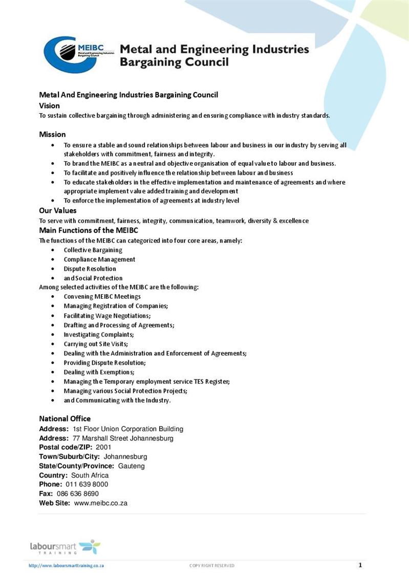 Metal And Engineering Industries Bargaining Council (MEIBC), Document