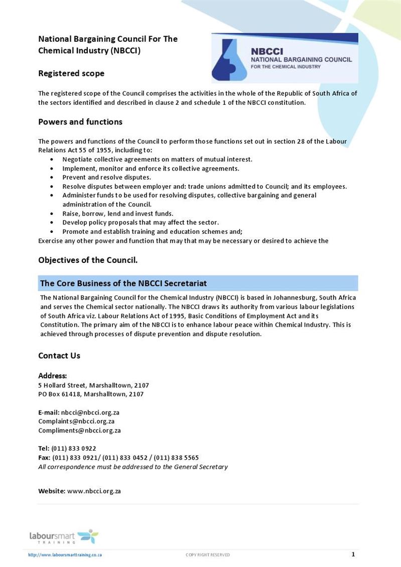 Bargaining Council for the Chemical Industry (NBCCI), Document, Labour