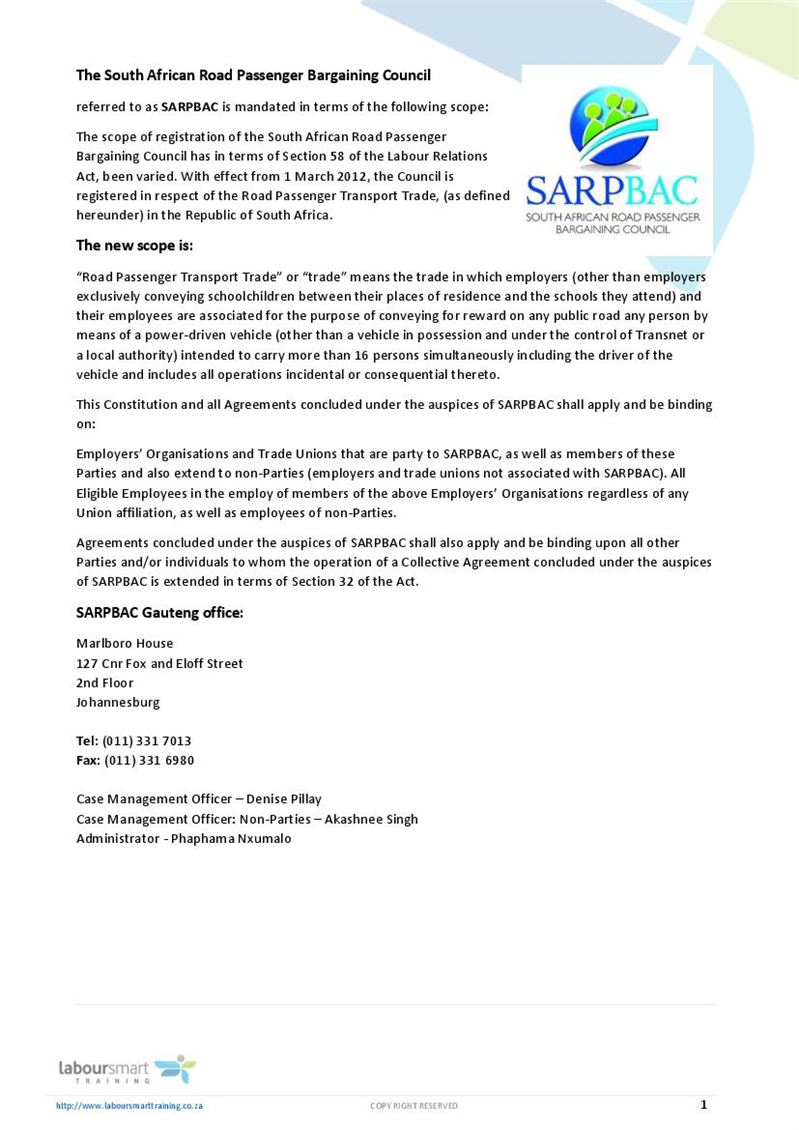 The South African Road Passenger Bargaining Council (SARPBAC), Document