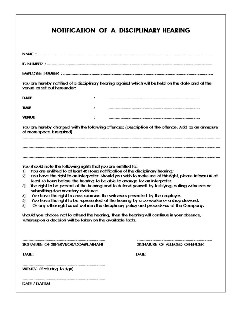 Notice of disciplinary hearing form, Document, Labour Law, South Africa