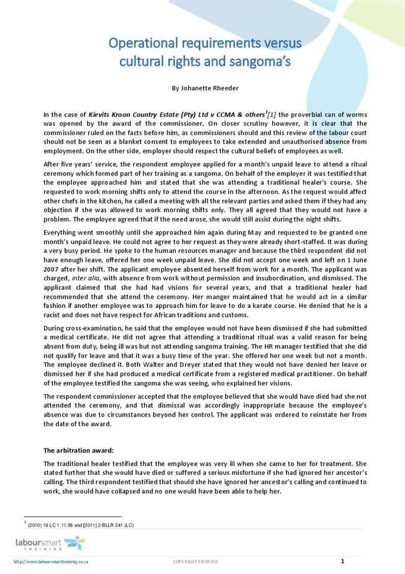 Operational requirements v cultural rights and sangoma, Document