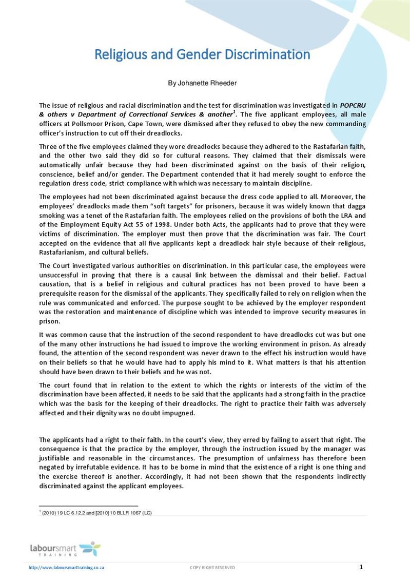 Religious and Gender Discrimination, Document, Labour Law, South Africa
