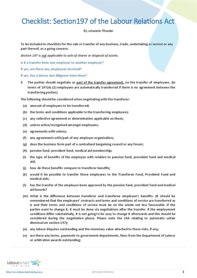 Checklist Section 197 of Labour Relations Act, Document, Labour Law