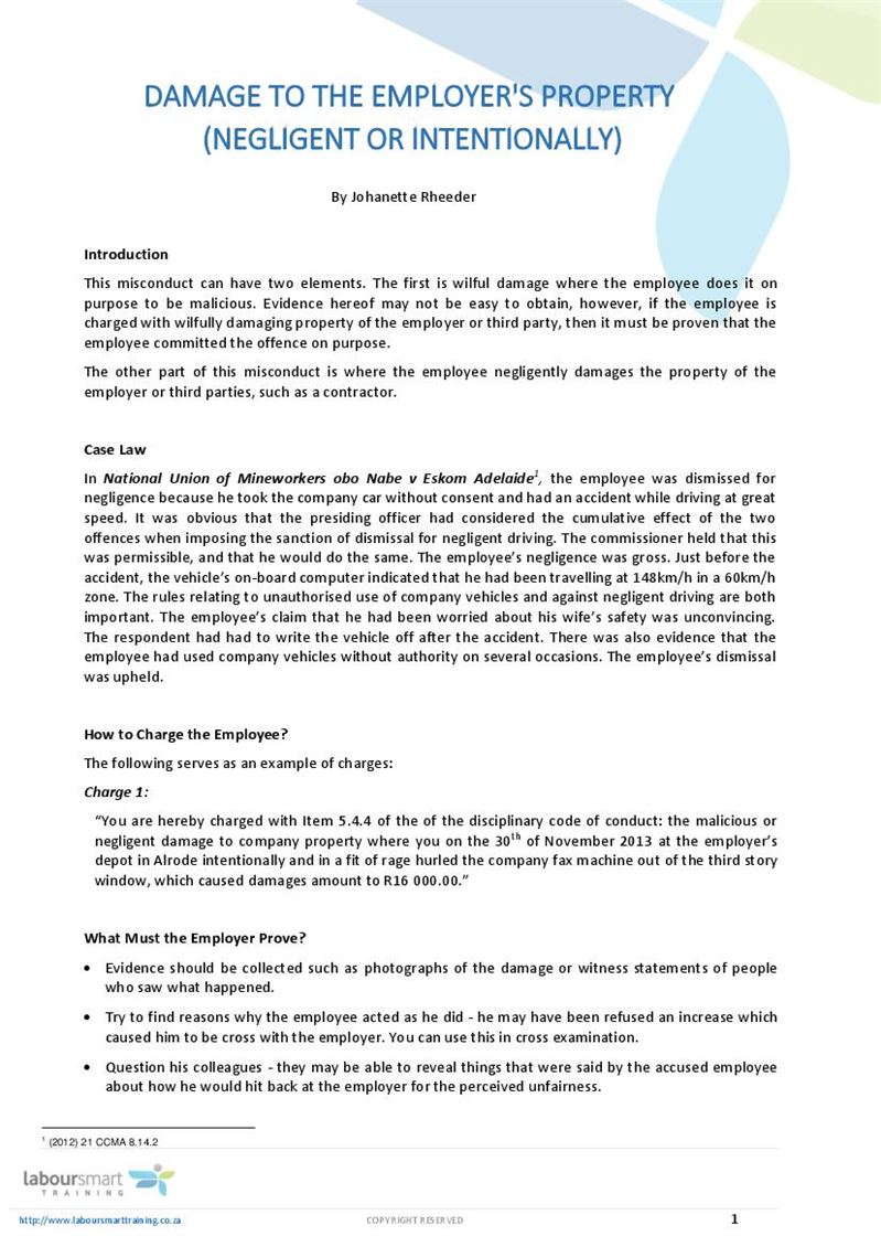 Damage to Property, Document, Labour Law, South Africa, Pdf, Download