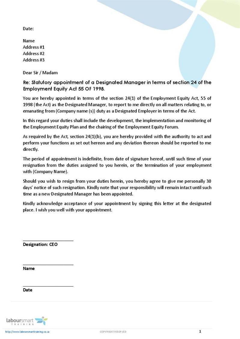 Appointment letter of designated EE manager, Document, Labour Law