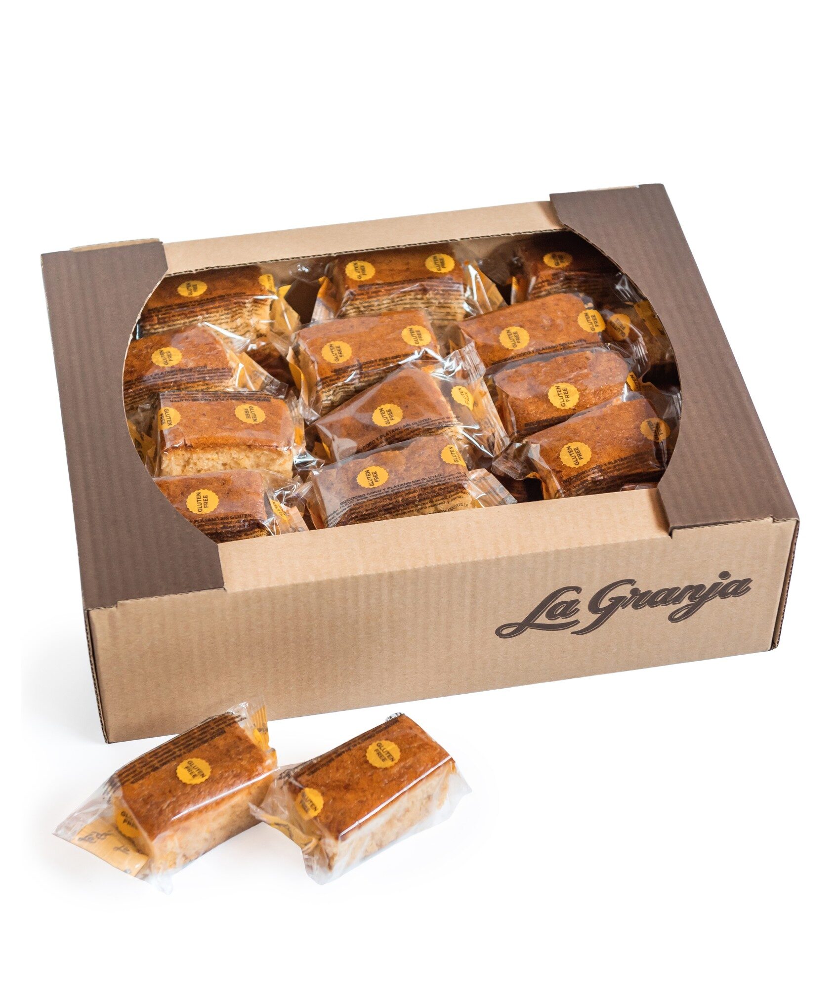 Case of Gluten and lactose free banana and coconut sponge cake La