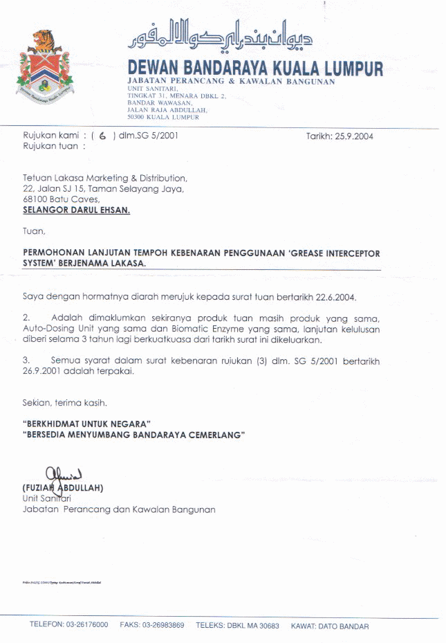 Lakasa Interceptor DBKL acknowledgement letter