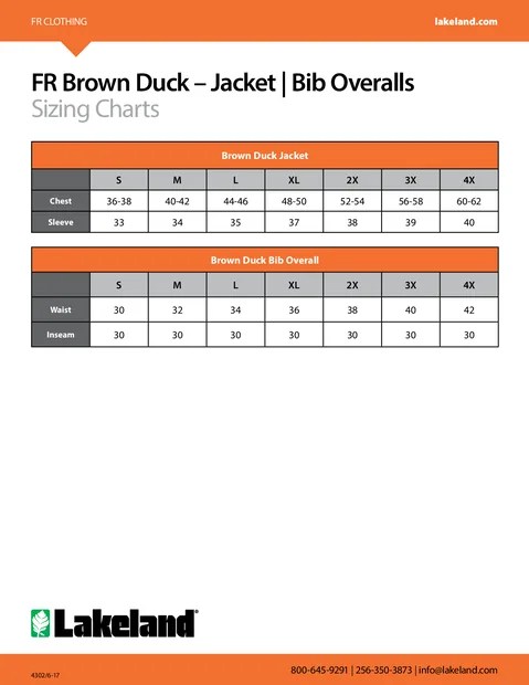 FR Brown Duck - Jacket / Bib Overalls Sizing Charts | Sizing Chart