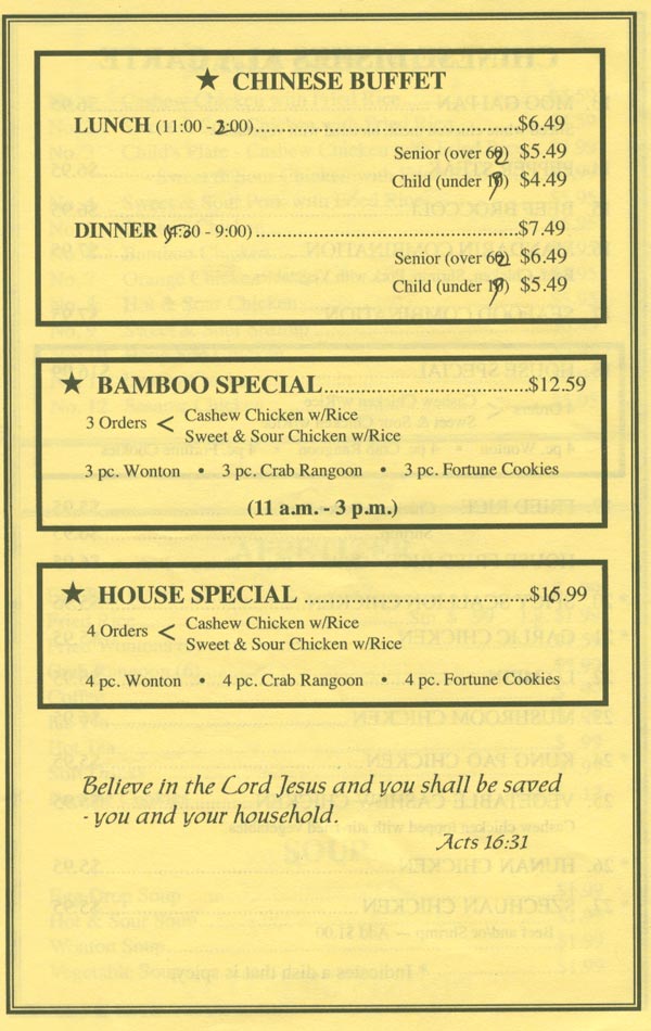 Take Out Menu for the Bamboo House