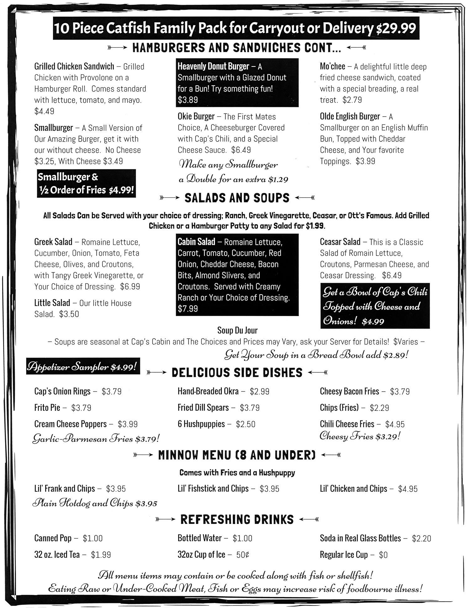 Take Out Menu for Cap's Cabin