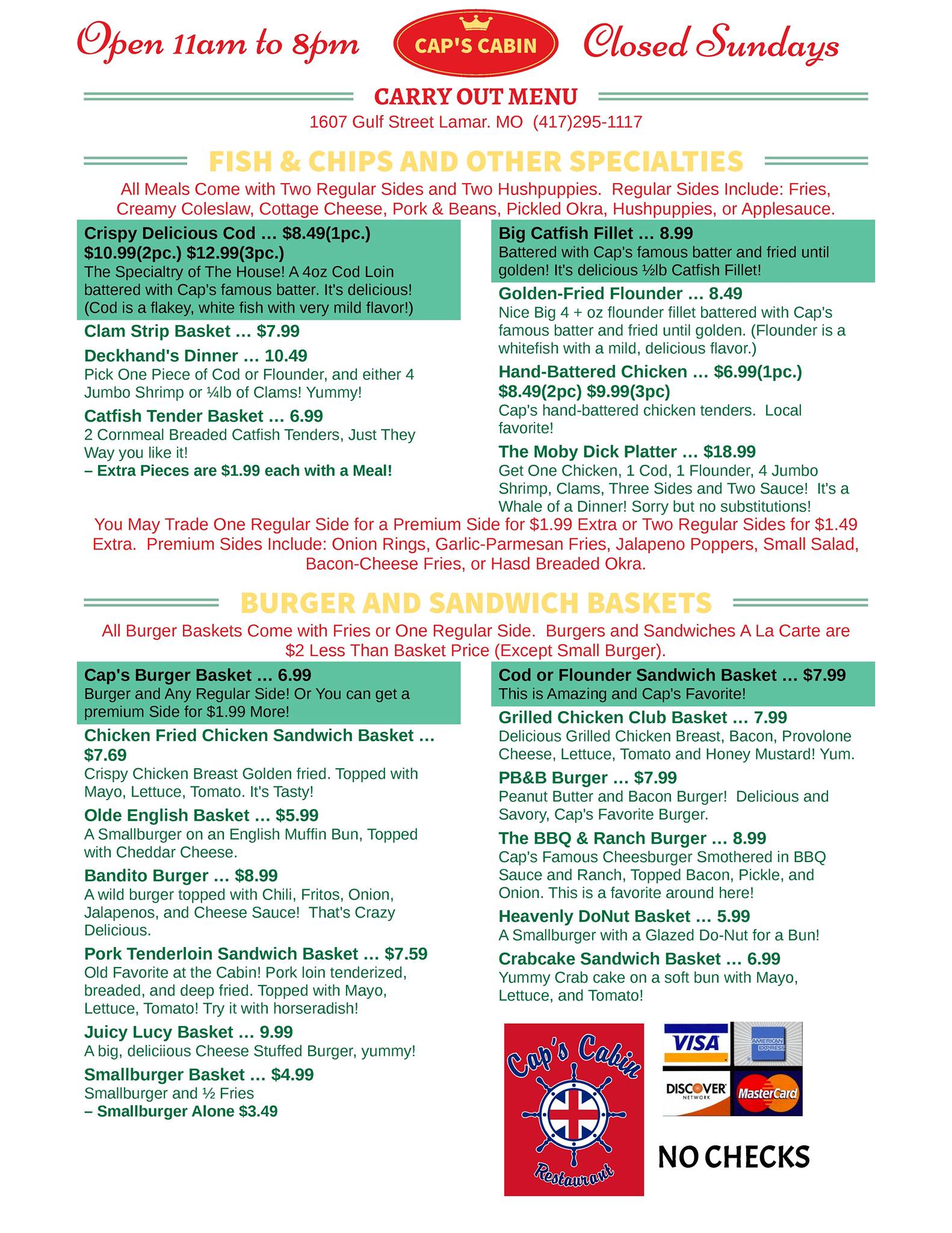 Take Out Menu for Cap's Cabin