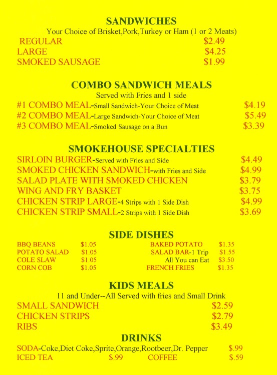 Take Out Menu for Evarts Smokehouse
