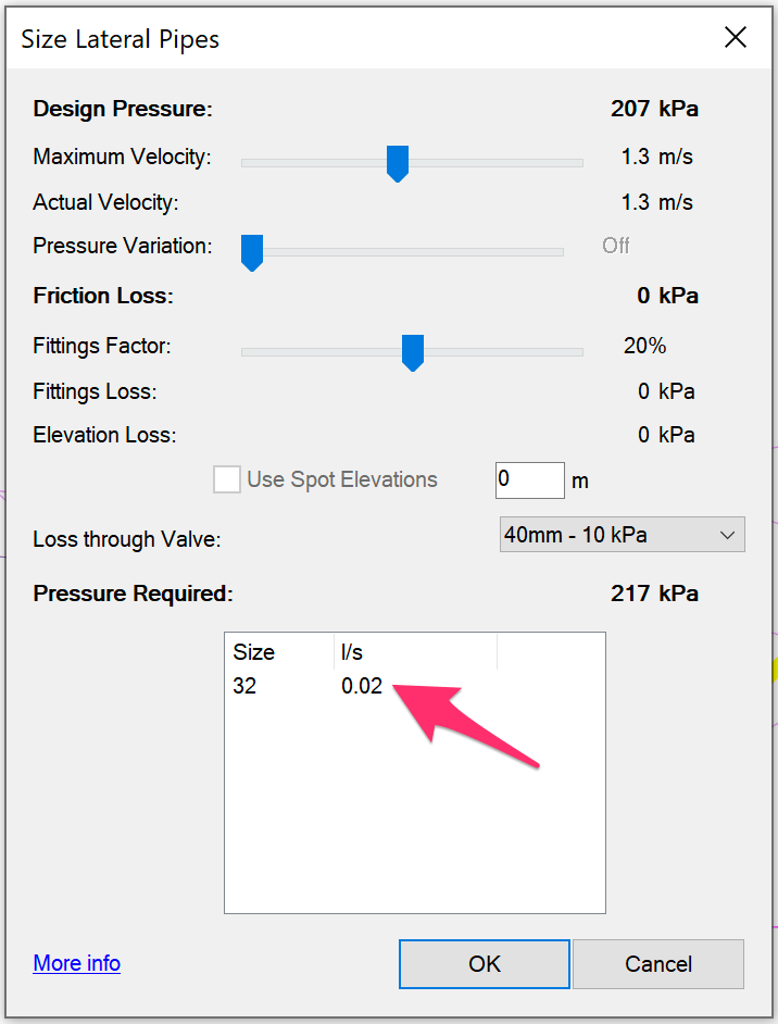 Flow Rate (GPM) Discrepancy Between Size Lateral Pipes Dialog Box and