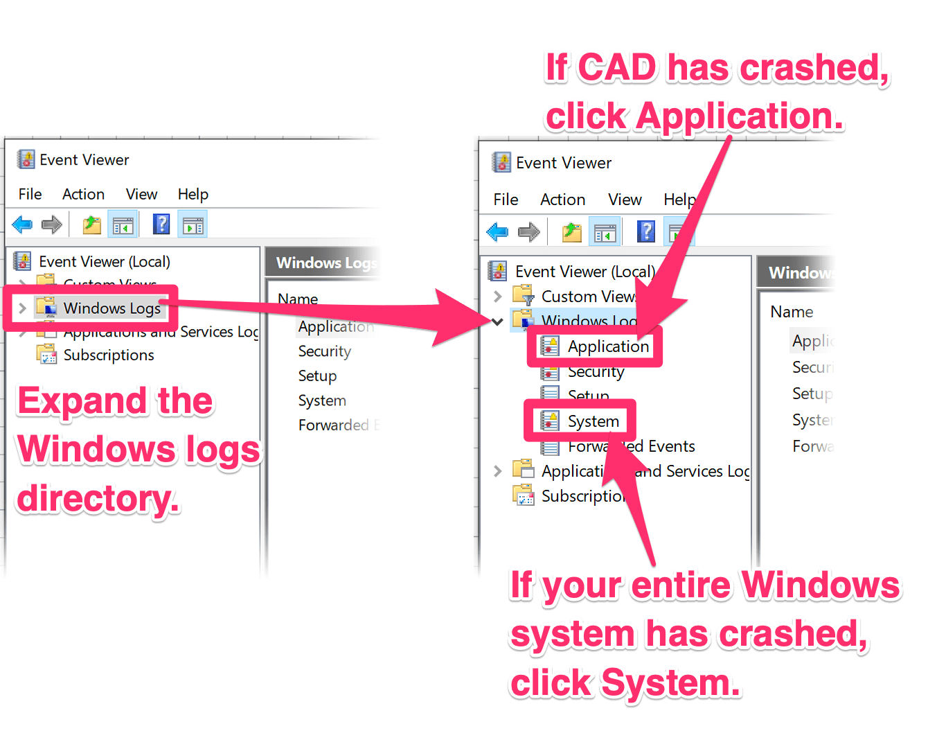 Access and Send Us Windows Event Viewer Reports for CAD Crashes