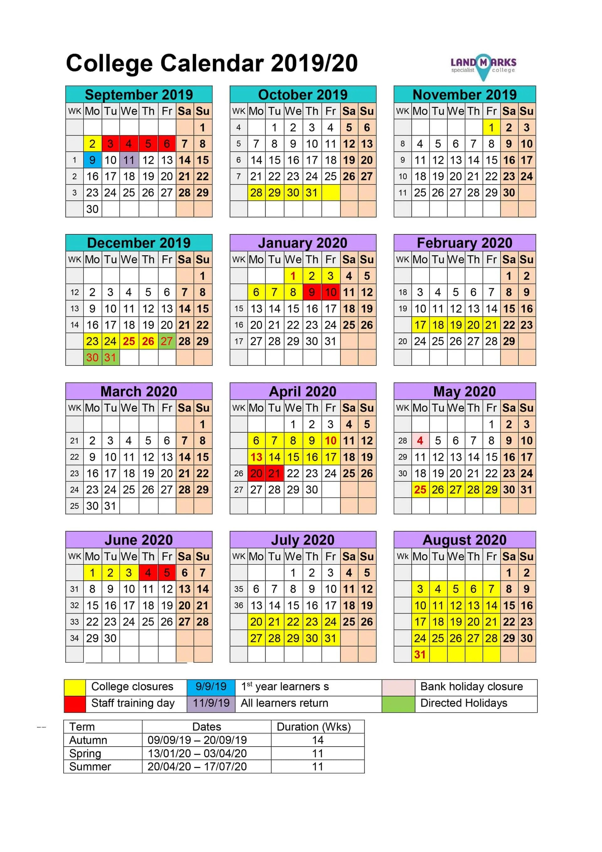 Landmarks Specialist College Academic calendar 2019/20 (UK