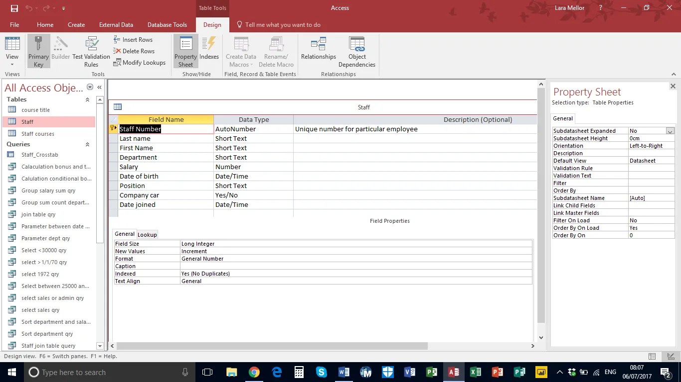 Access Tables, Data Types, Properties, Primary key Lara Mellor Training