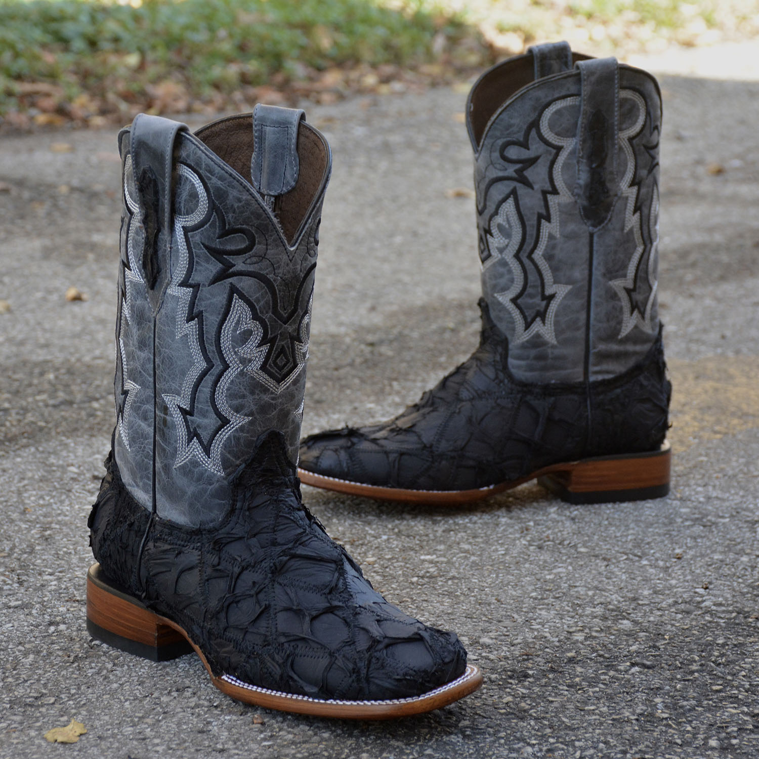 Men Exotic Pirarucu Rhombus Nobuck Black Square Toe Boots La Raza