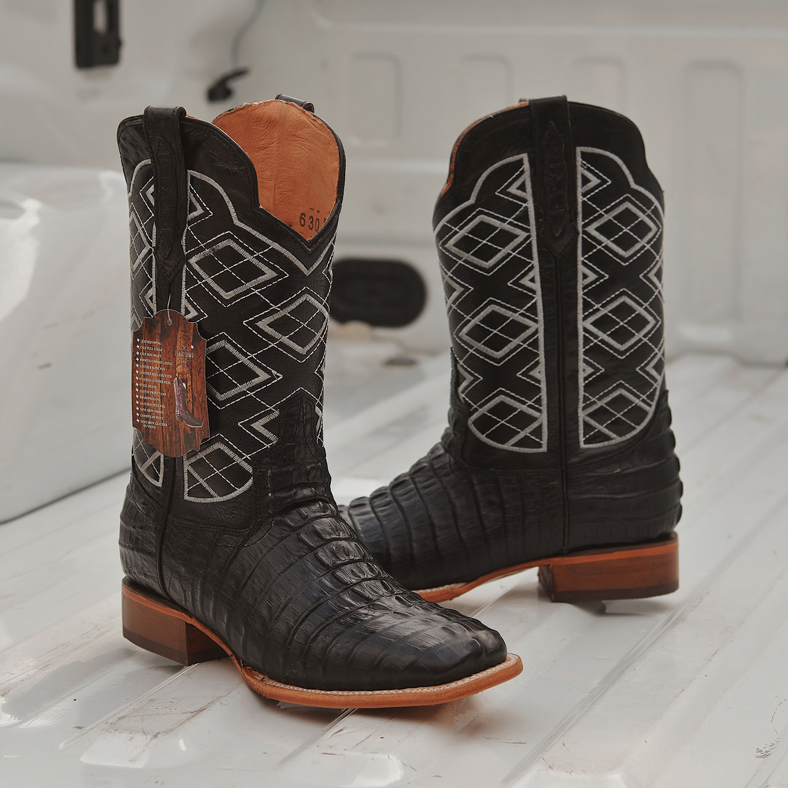 Men Print Caiman Tail Midnight Black Square Toe Western Boots La Raza