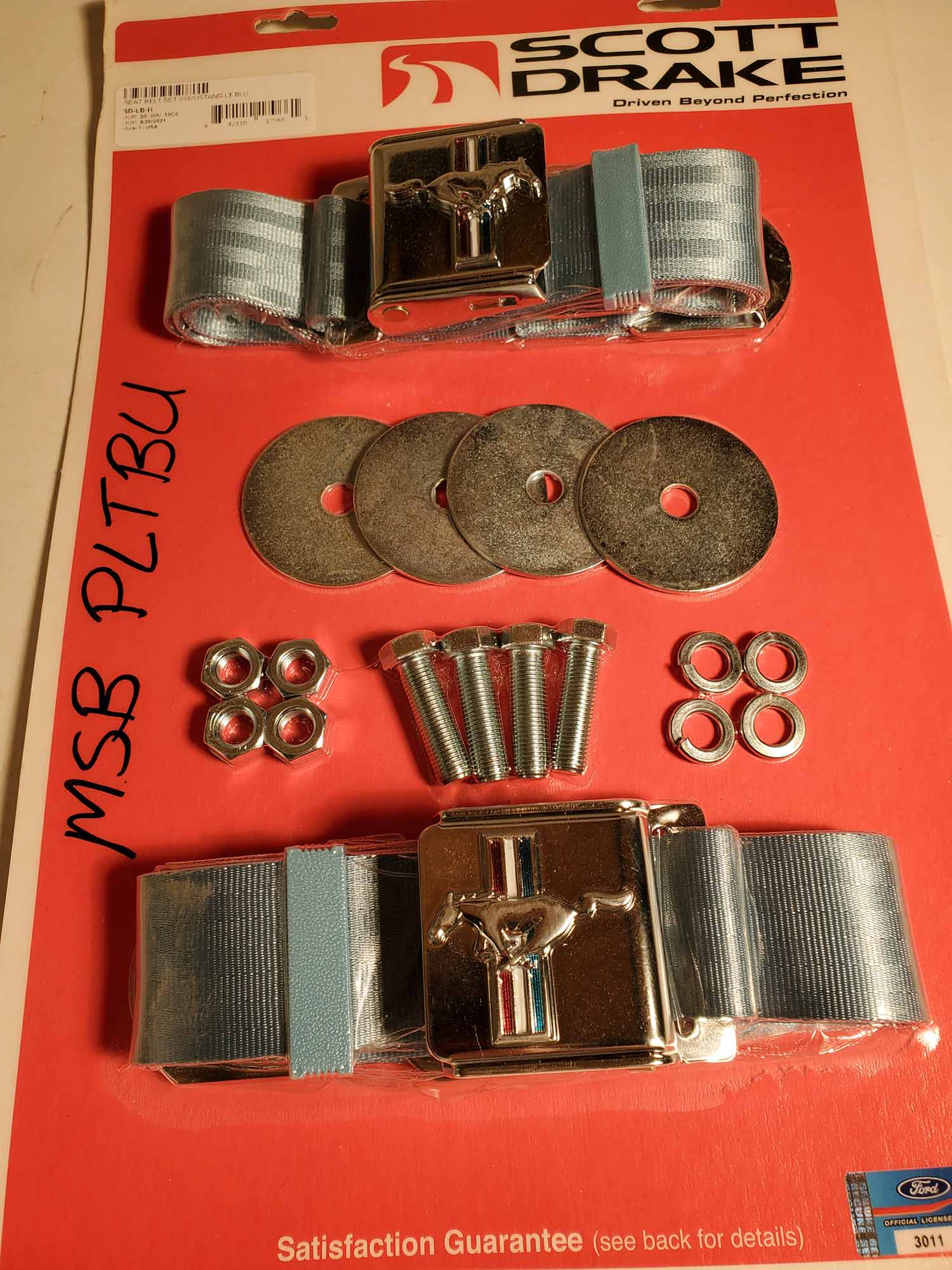 MSB PLTBU Seat Belts 65/73 Lt Blue W Pony Emblem, Pair (2 Seats) Larry's Thunderbird & Mustang