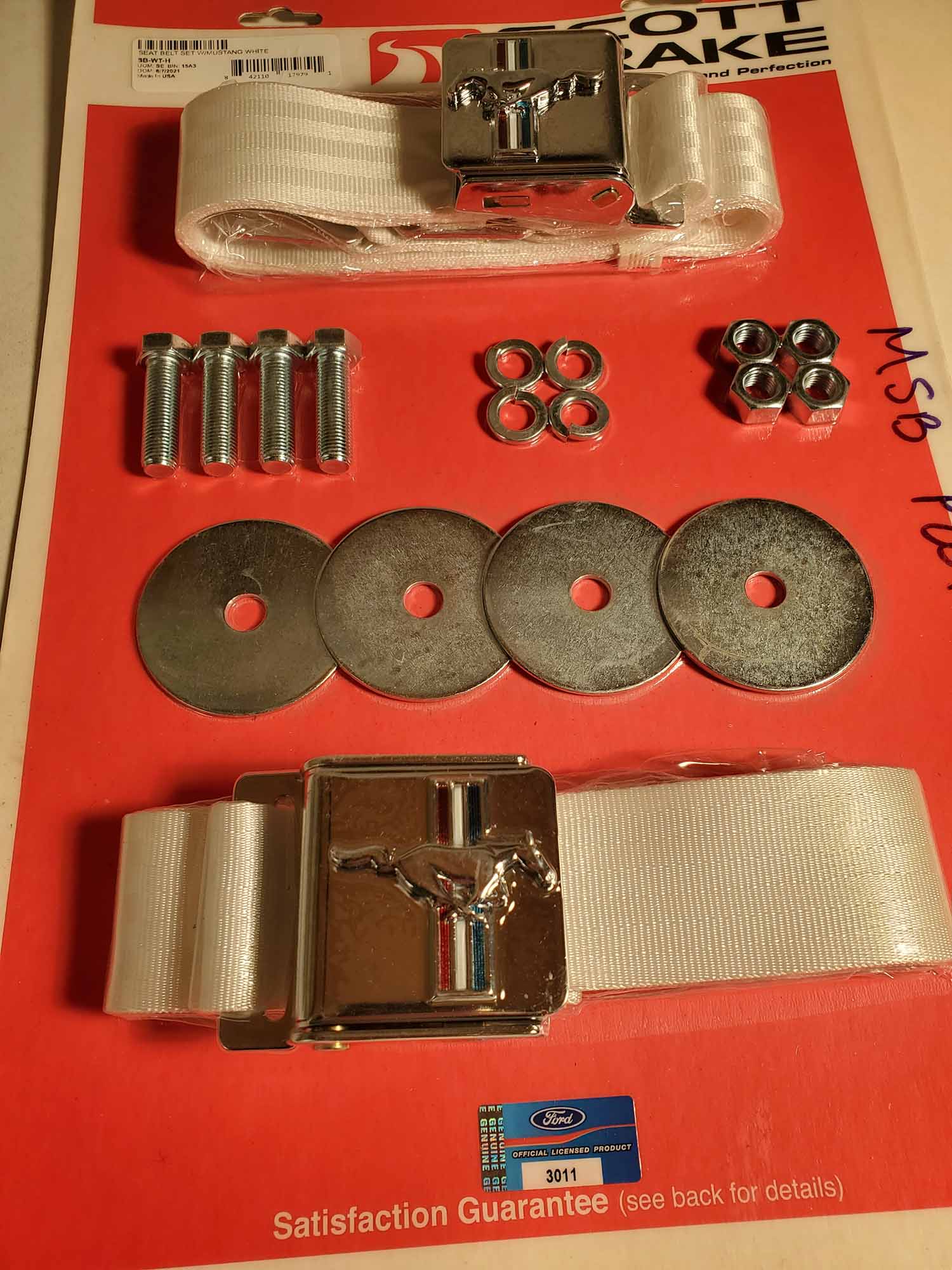 MSB PWT Seat Belts 65/73 White W Pony Emblem, Pair (2 Seats), Pair (2 Seats) Larry's