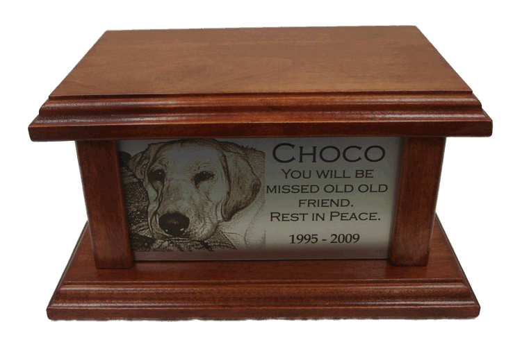 HS54 Cremation Urn shown in Alder with Cherry Finish and Satin Silver Face Plaque.
