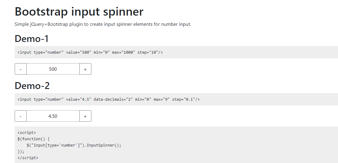 Create input spinner elements for number input using jQuery + Bootstrap
