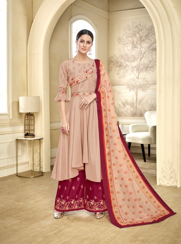 Peach Embroidered Party Wear Palazzo Suit Latest Kurti Designs
