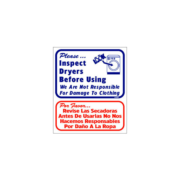 "Inspect dryers before using." in English & Spanish L809 Laundry Nation