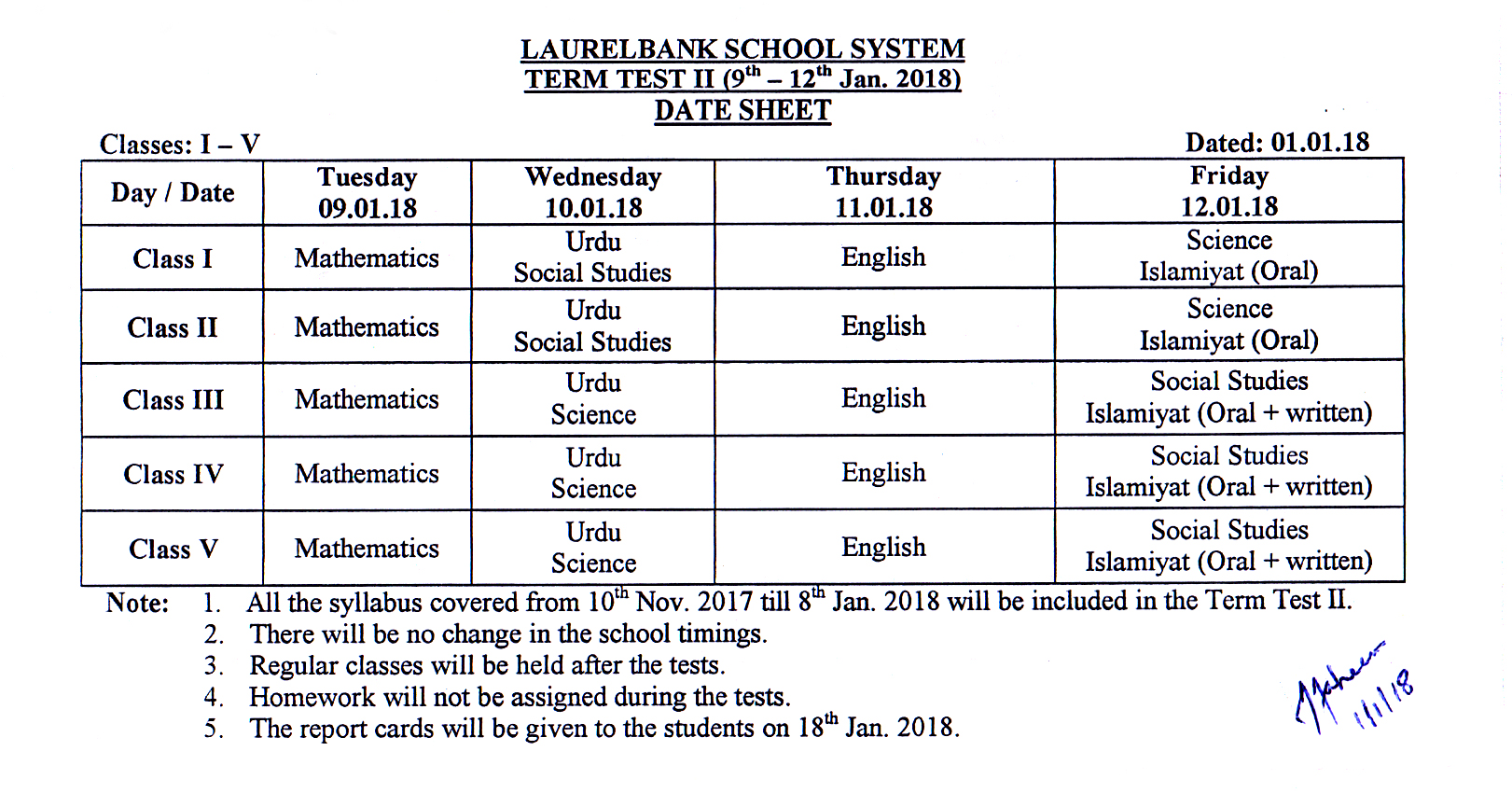 Date Sheet (Term Test II) Dated 01 January, 2018 « Laurelbank School