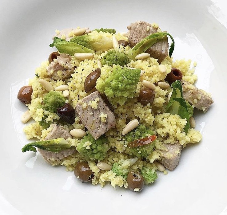 Cous cous con tonno, broccolo romano e olive taggiasche Virginia Fabbri La Vongola Verace