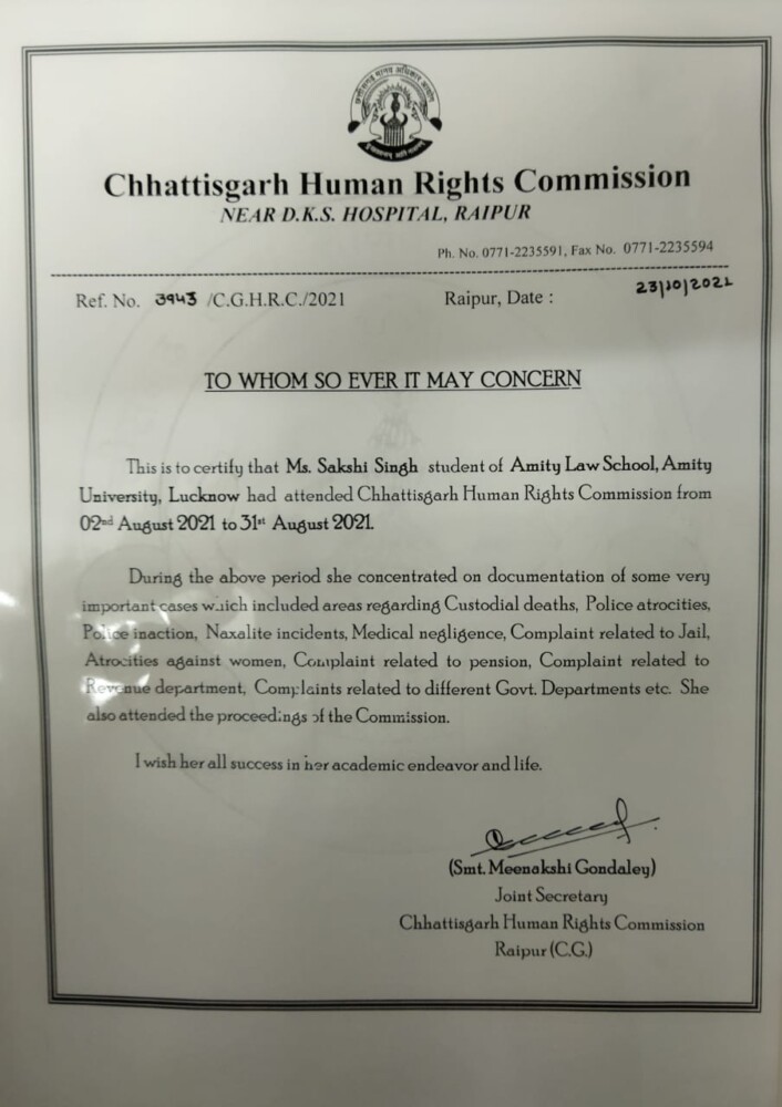 Internship Experience at Chhattisgarh Human Rights Commission, Raipur