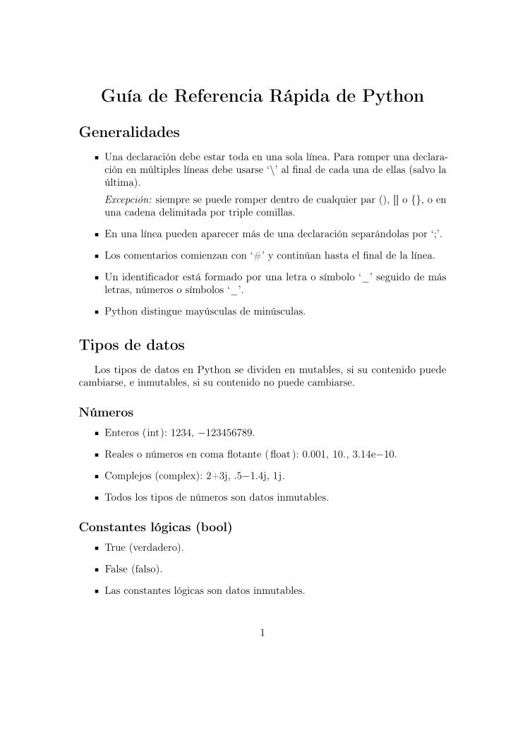 PDF de programación Guía de referencia rápida de Python