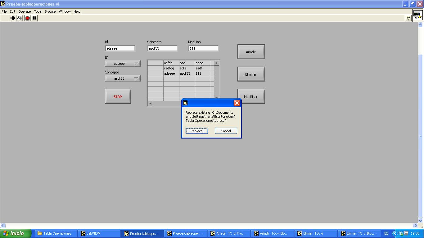 LabView Mensaje Replace con la función Write Characters To File