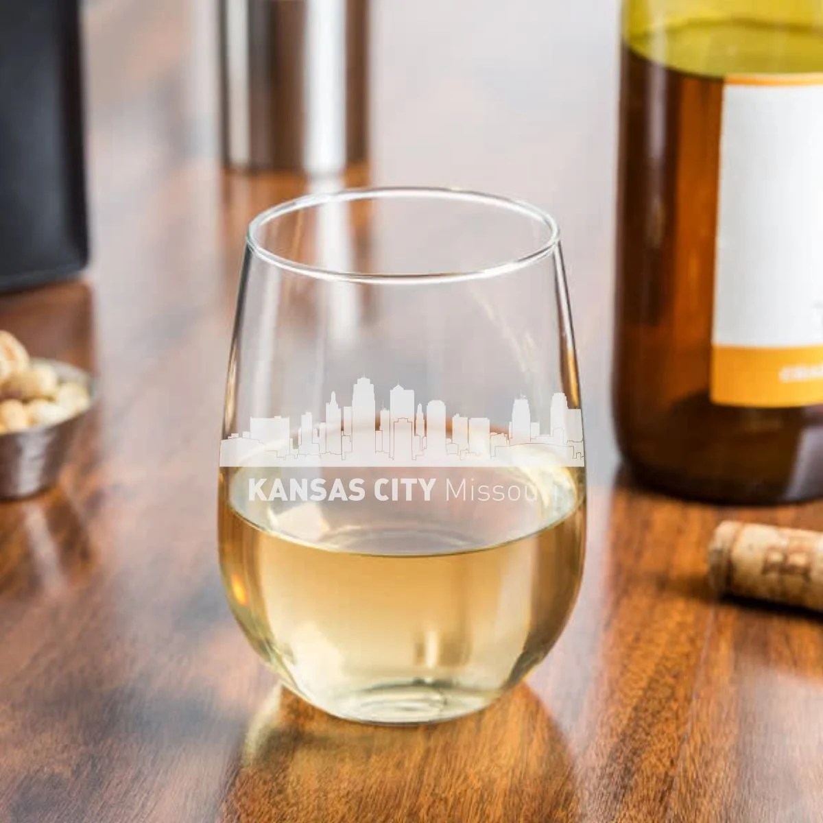 Kansas City City Skyline Wine Glass Gift Engraved Lazer Designs