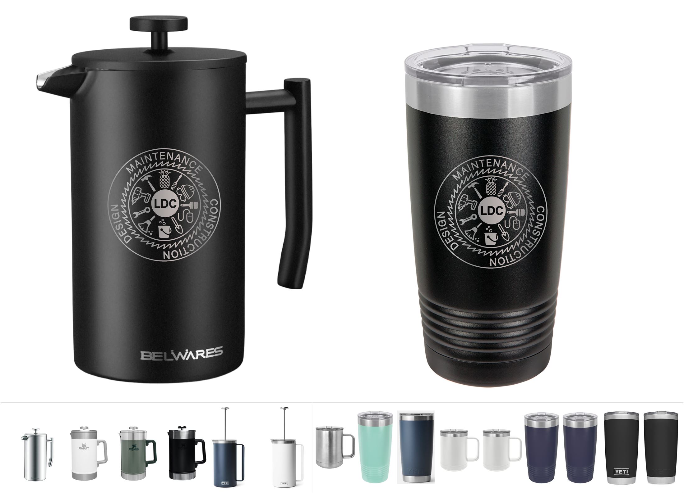 Personalized French Press with Travel Mug Bundle Lazer Designs
