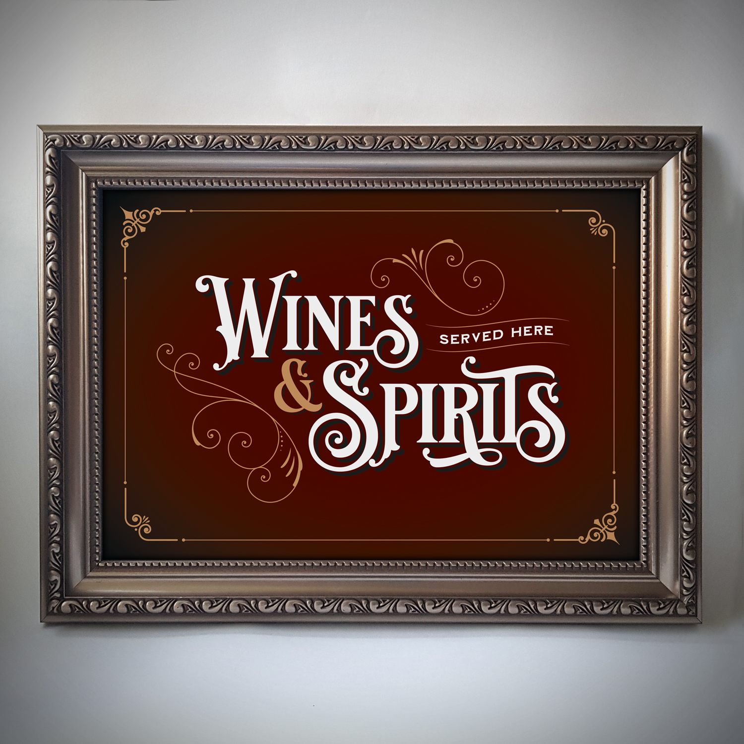 Wines & Spirits Home Bar Print in Deep Red & Gold with optional