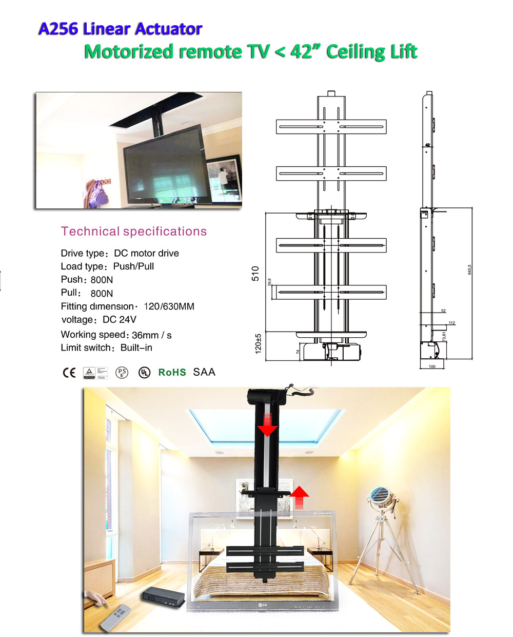 "auto motorized flip down in ceiling with 30 42 47 52 inches TV"