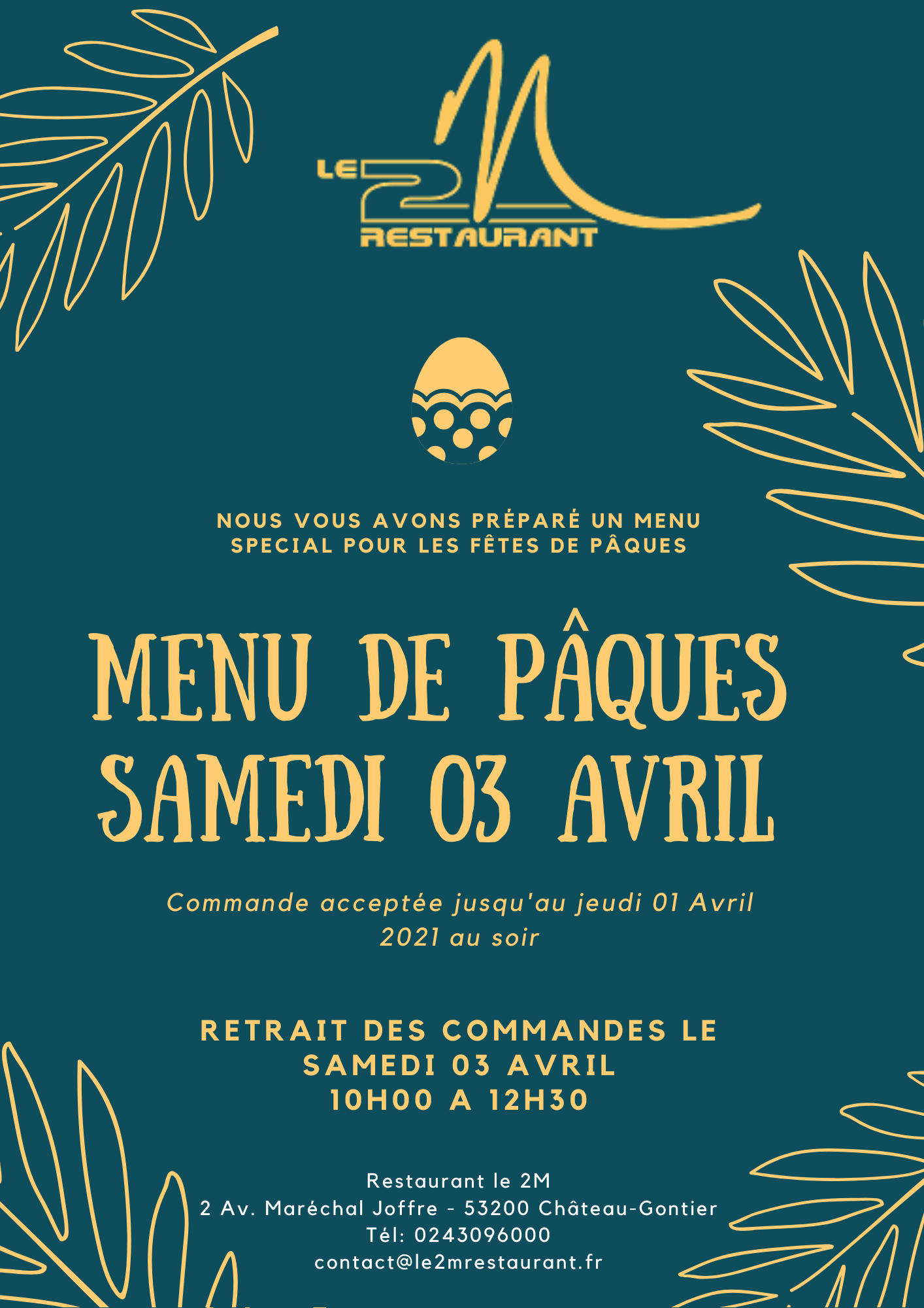 Menu de Pâques 2021 à emporter le 2M